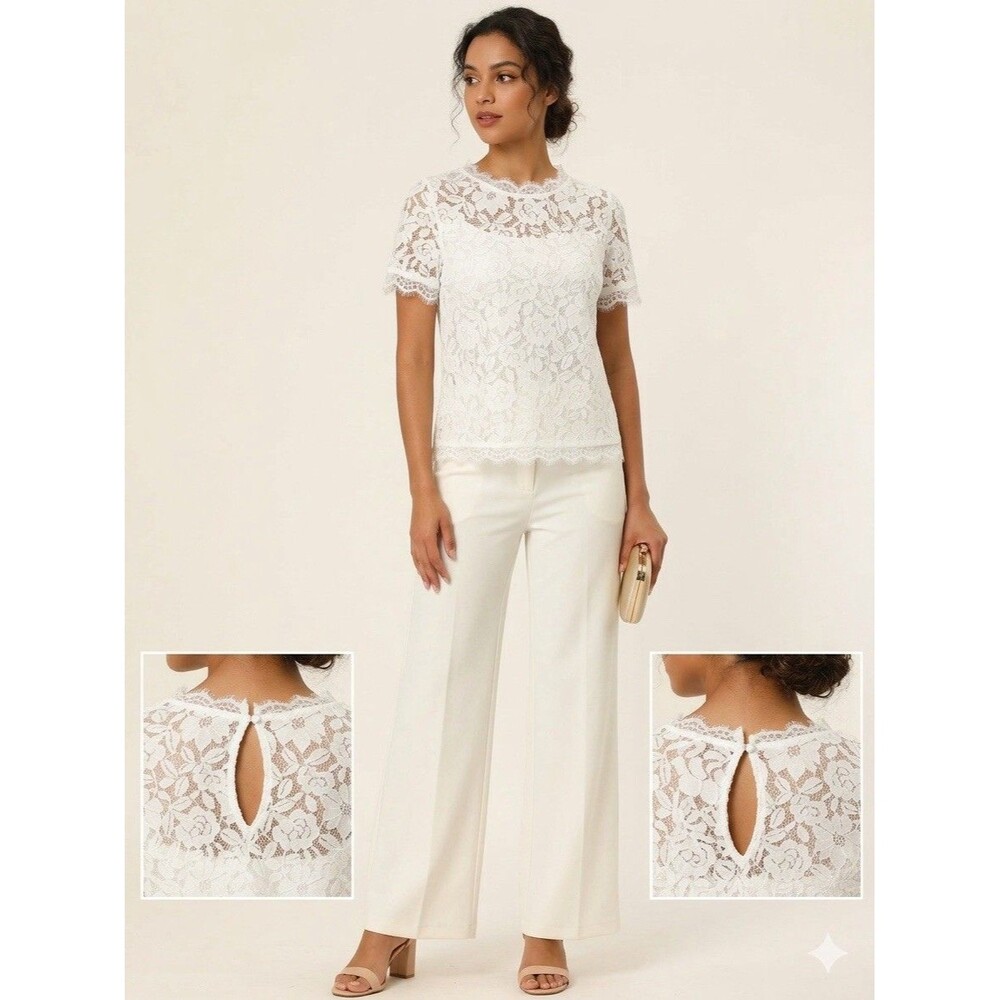 Allegra K White Floral Lace Top M | Short Sleeve Cottagecore Coquette Blouse